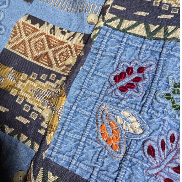 Vtg 1990s Keren Hart Denim Tribal Print Cotton Patchwork Button Up Jacket Sz M - Picture 3 of 5